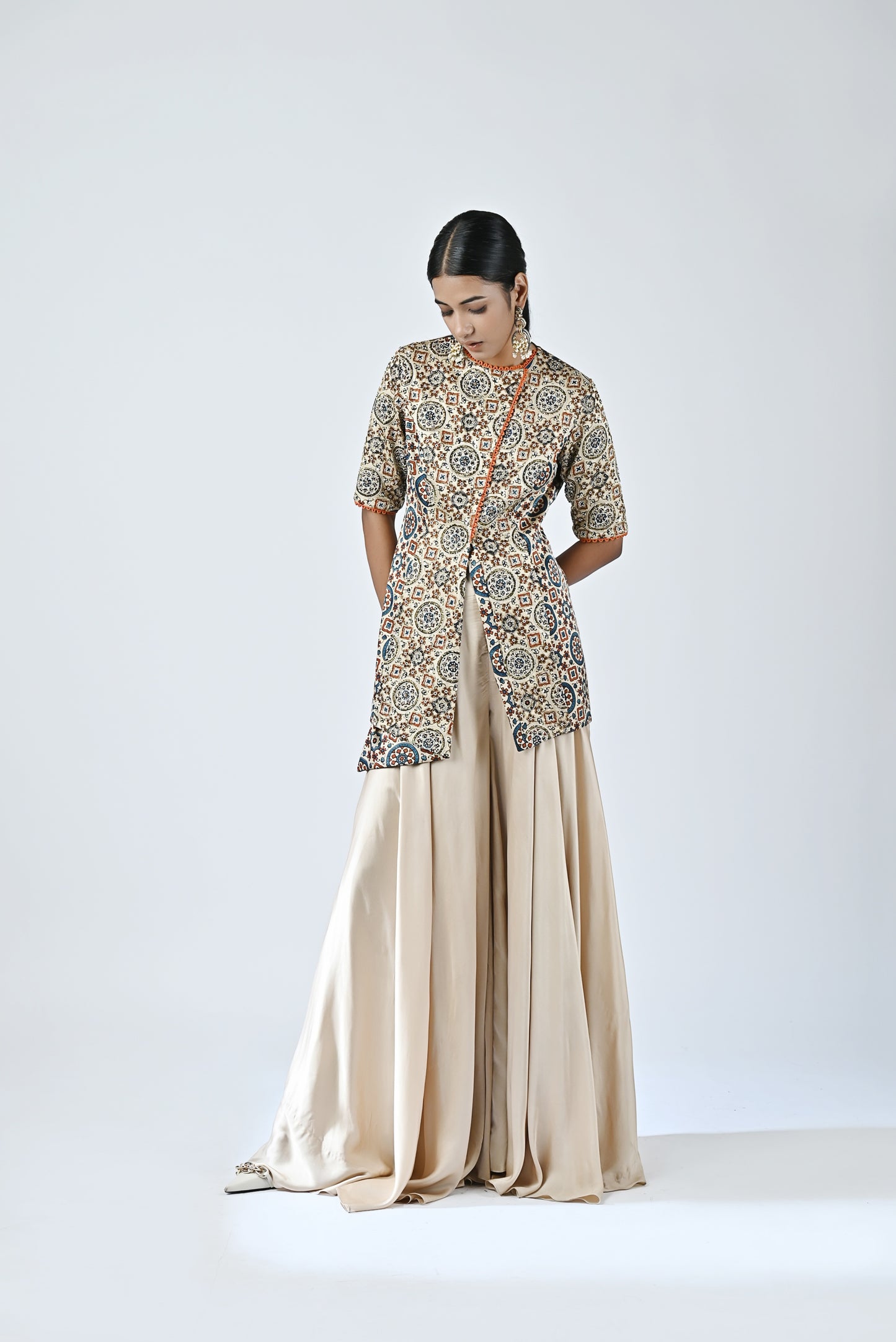 Ivory Ajrakh top with flared pants