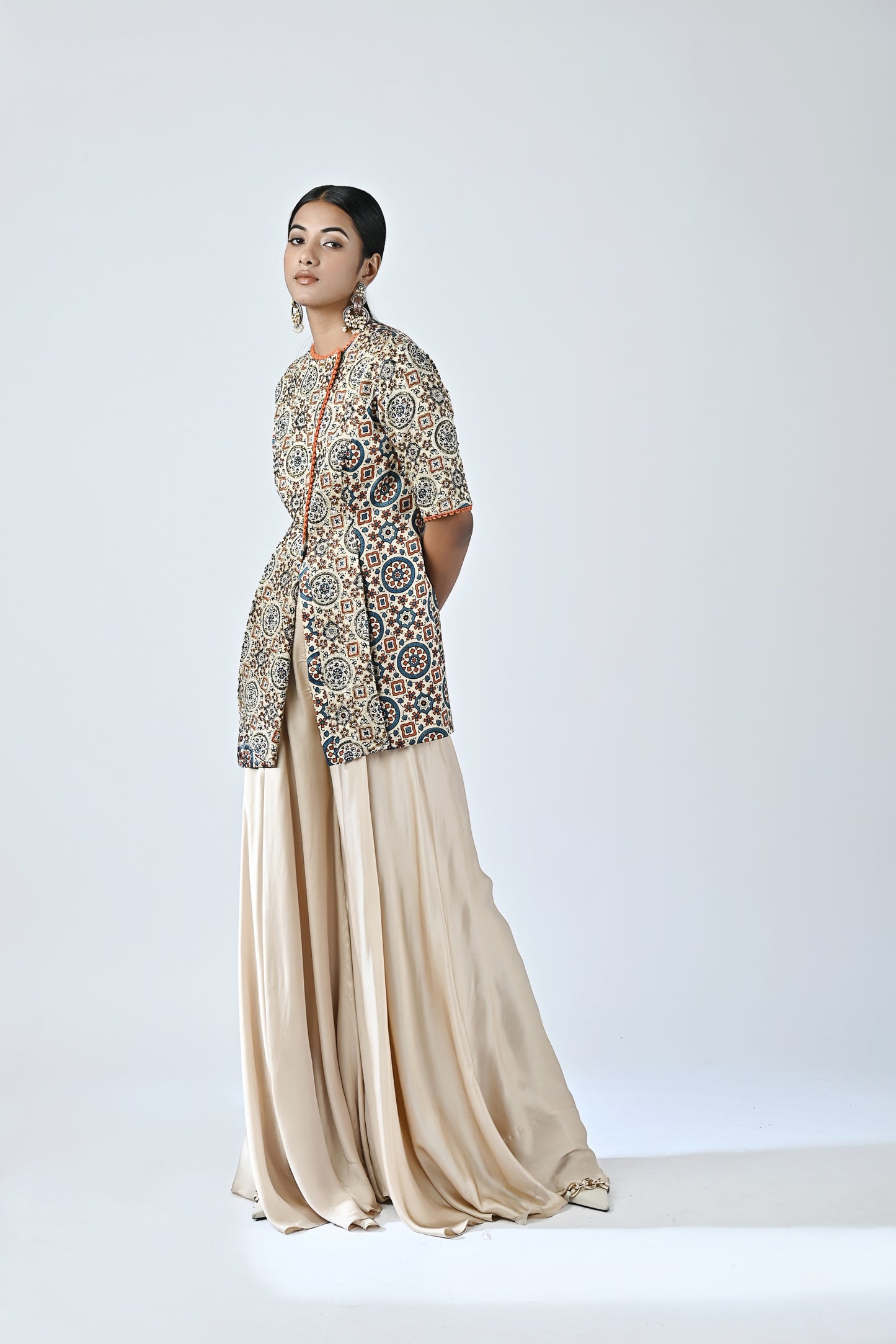 Ivory Ajrakh top with flared pants