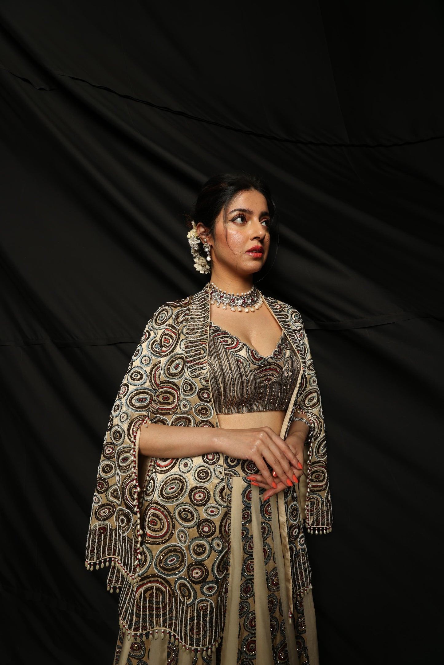 Divya Khosla in Ivory Embroidered Blazer and Panelled Lehenga Set
