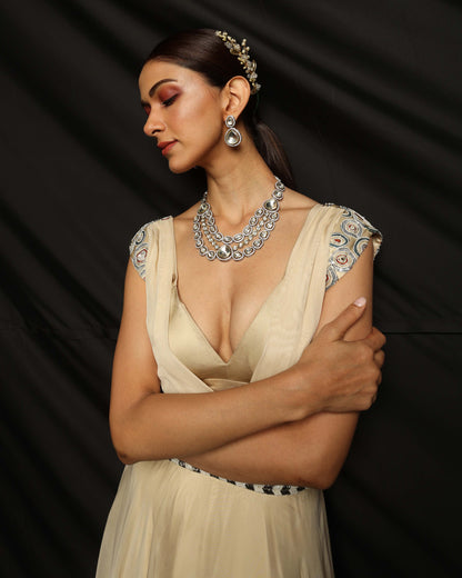 Cream Embroidered organza gown with bralette