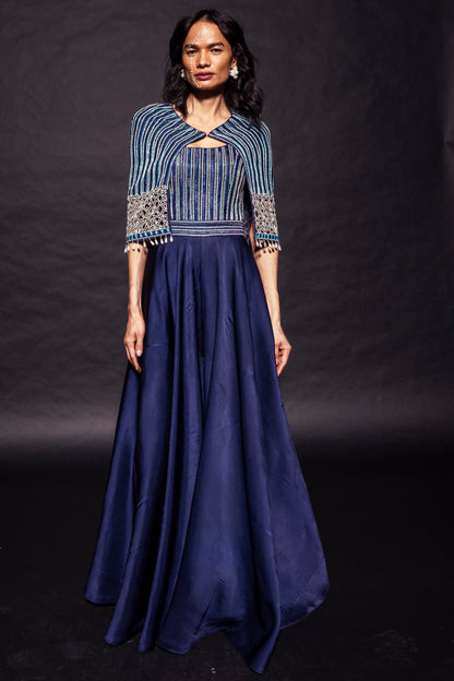 Deep blue ajrakh embellished jumpsuit with fully embsllished ajrakh stripwork cape jacket