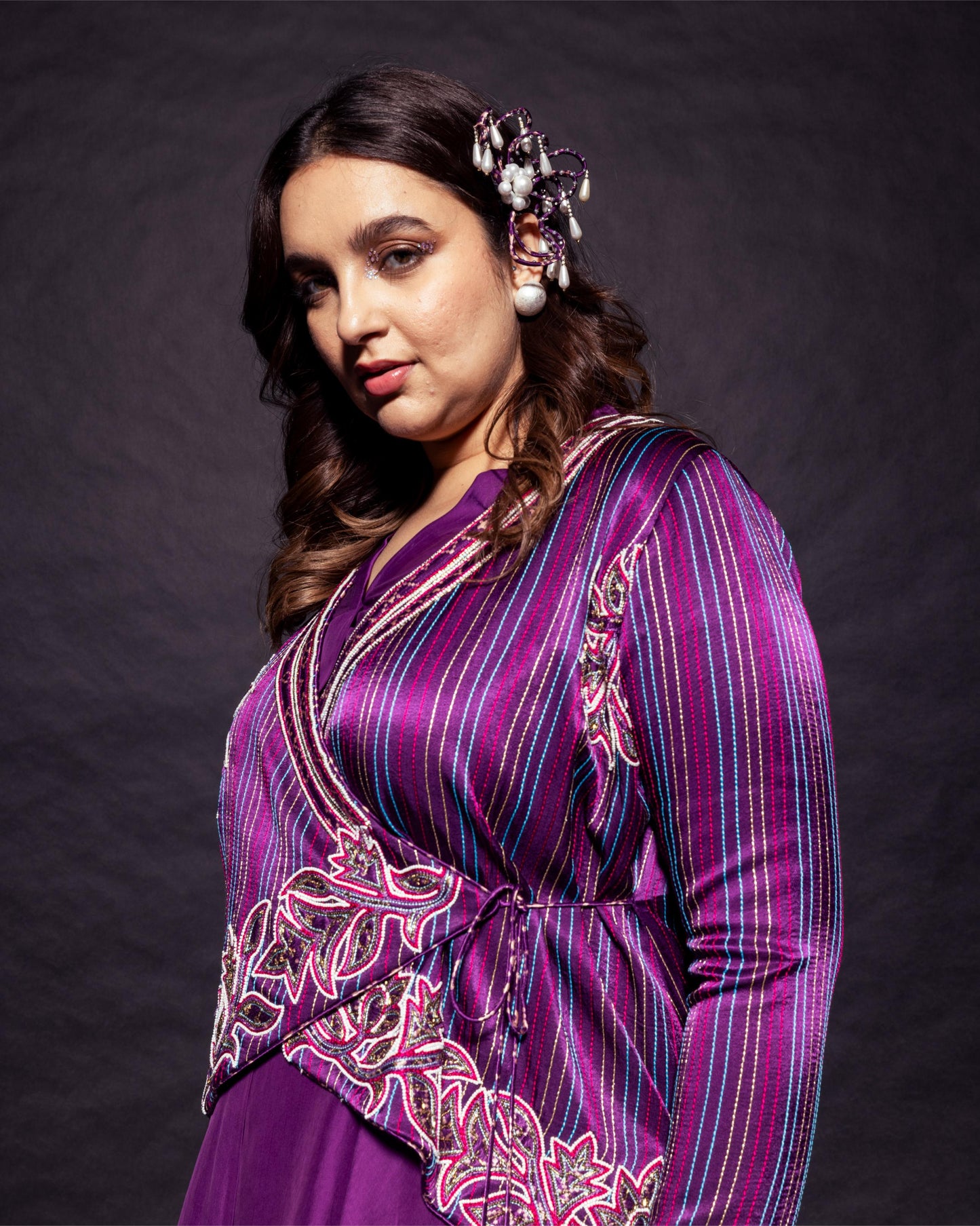 Dark Purple fully patchedworked angarkha  jacket with drape dhoti skirt