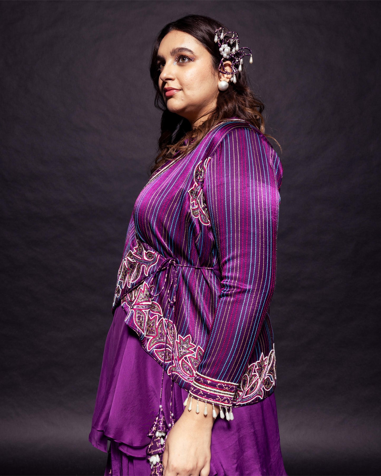 Dark Purple fully patchedworked angarkha  jacket with drape dhoti skirt