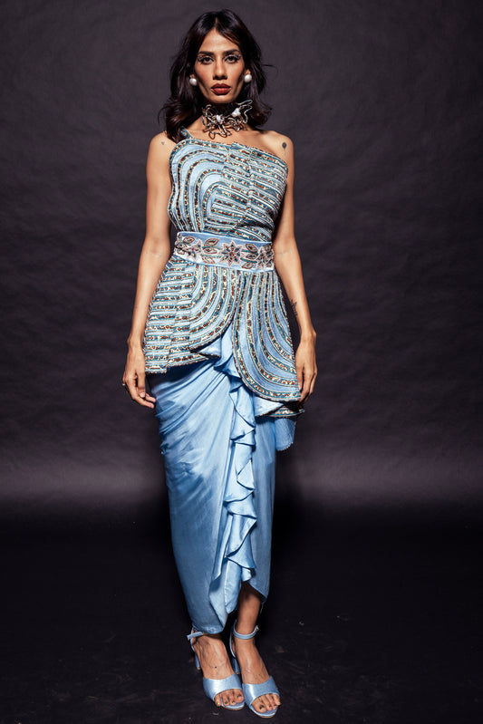 Powder blue ajrakh embroidered assymetric peplum top with Drape dhoti skirt