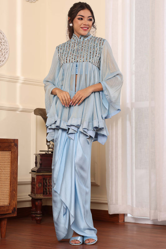 Powder Blue ajrakh embellished yoke top and Drape dhoti set