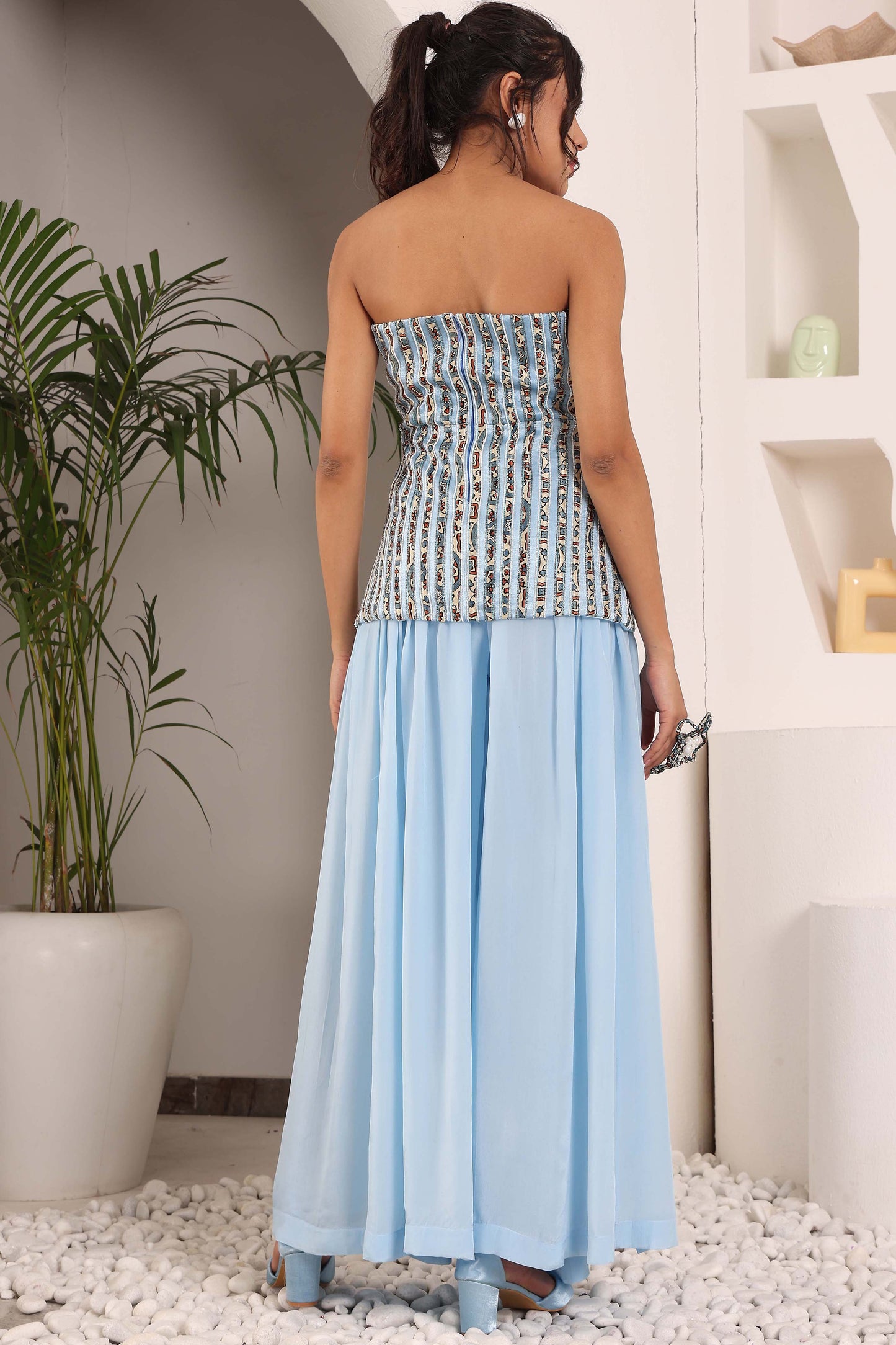 Powder Blue ajrakh embroidered off shoulder top with pleated pants