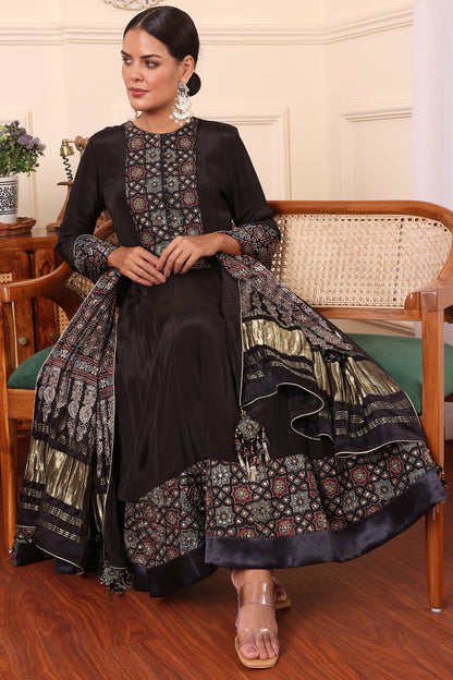 Black Embellished Ajrakh Anarkali With Pant And Dupatta Sejal Kamdar Designs Black Embellished Ajrakh Anarkali With Pant And Dupatta Sejal Kamdar Designs