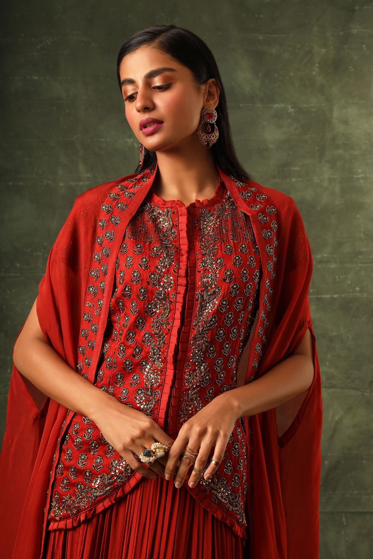 Red Ajrakh jacket with gathered skirt and cape dupatta
