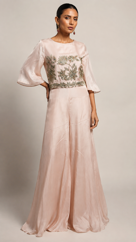 Blush Pink Embroidered Wide-Leg Jumpsuit