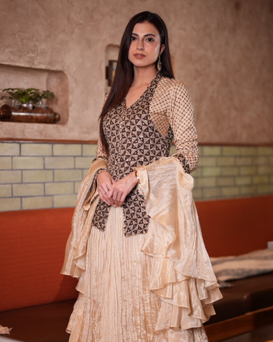 Farhana Bhatt in Ivory Ajrakh Jacket with Crush Skirt and Frill Dupatta