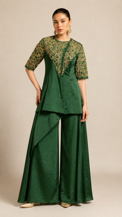 Emerald Green Embroidered Peplum Top with Layered Palazzo Set