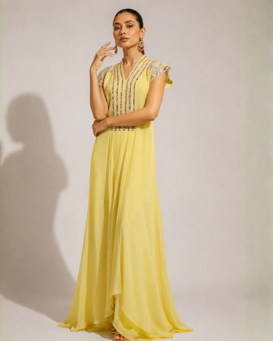 Butter Yellow Embroidered Flared Maxi Dress