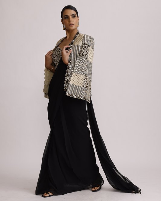 Black Pre Drape Saree with Bralette and Cape Jacket