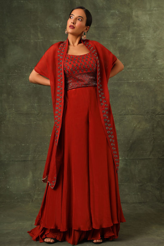 Red Ajrakh blouse and  double layered flare pants with cape dupatta