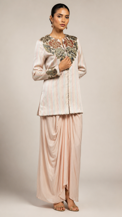 Ivory Embroidered Jacket with Draped Skirt Co-ord Set