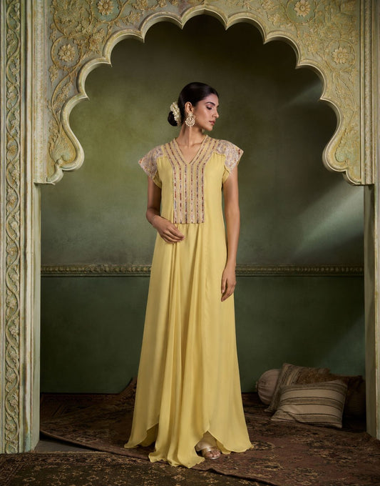 Butter Yellow Embroidered Flared Maxi Dress