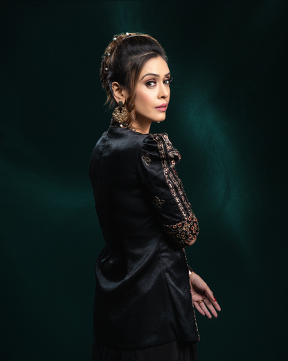 Hrishitaa Bhatt in Black Ajrakh Embroidered Jacket with Drape Skirt