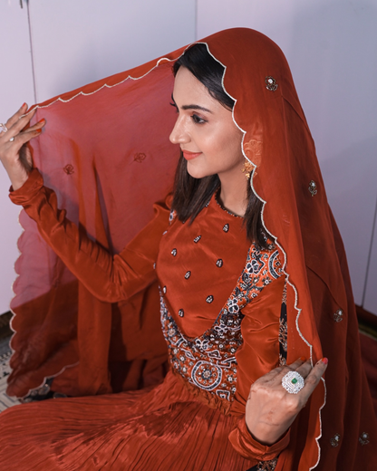 Falak Khan in Red Ajrakh Gathered Dress