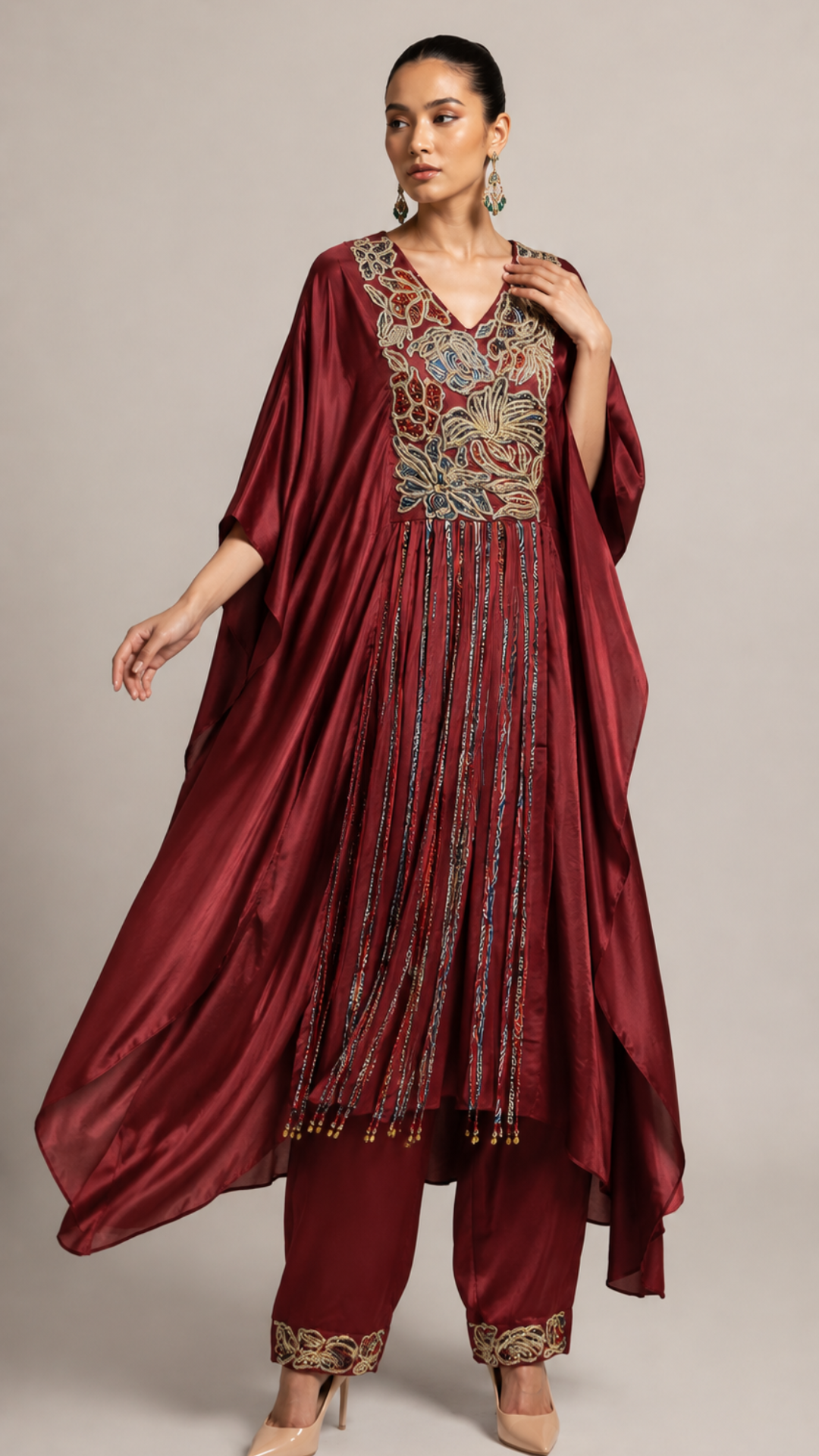 Ruby Red Embroidered Kaftan with Draped Palazzo Set