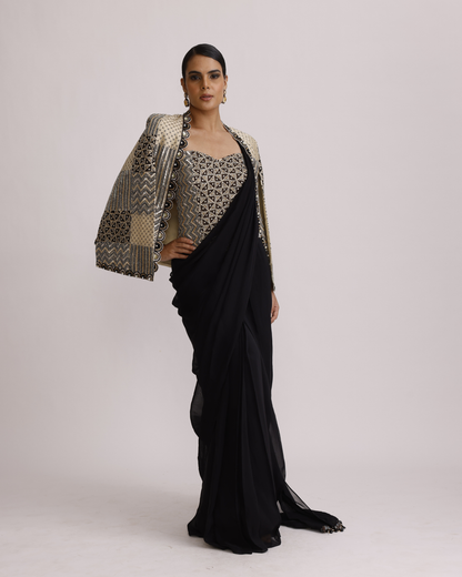 Black Pre Drape Saree with Bralette and Cape Jacket