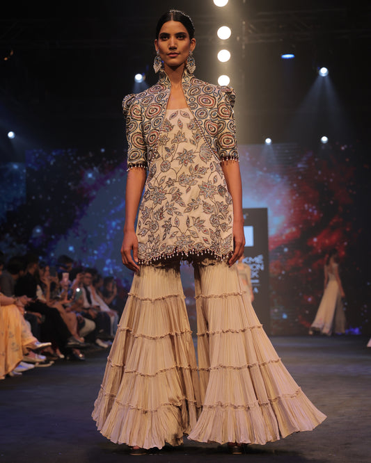 Ivory Embroidered Ajrakh short jacket with patchworked kurta and sharara