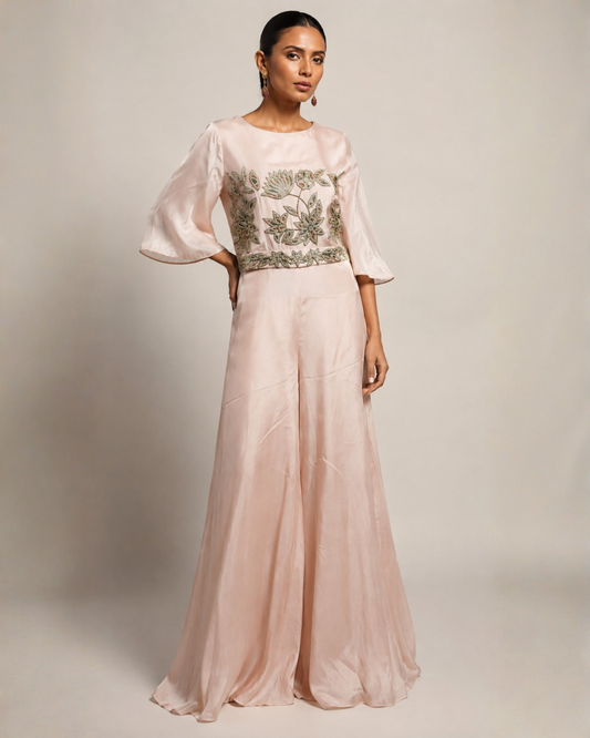 Blush Pink Embroidered Wide-Leg Jumpsuit