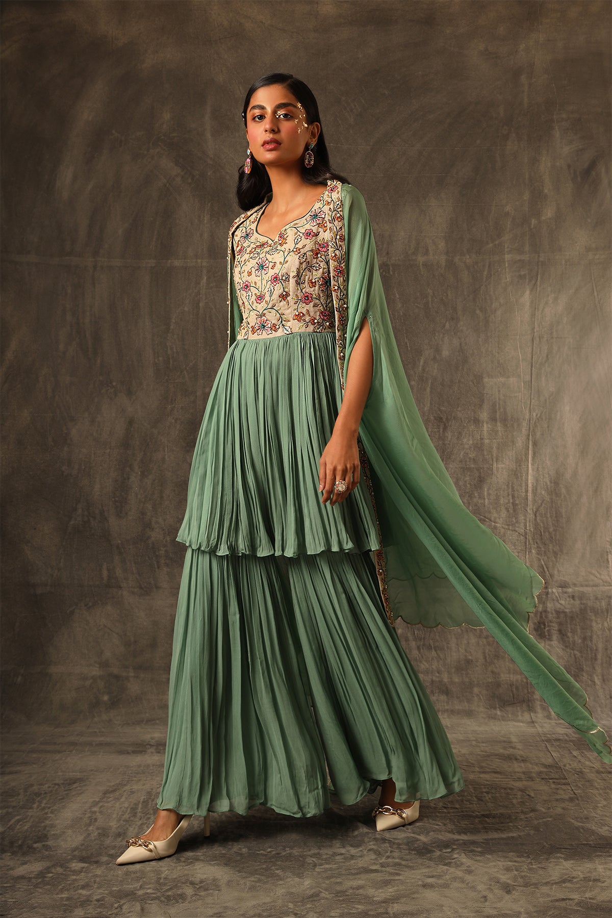 Zelenka Gathered top with gathered sharara and cape dupatta set