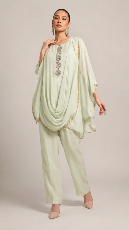 Mint Green Embellished Kaftan Co-Ord Set with Draped Dupatta