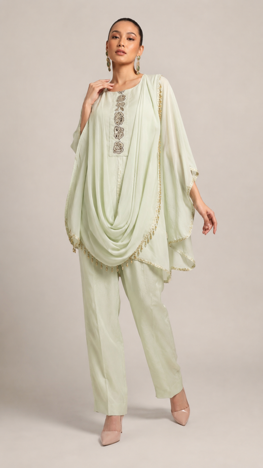 Mint Green Embellished Kaftan Co-Ord Set with Draped Dupatta