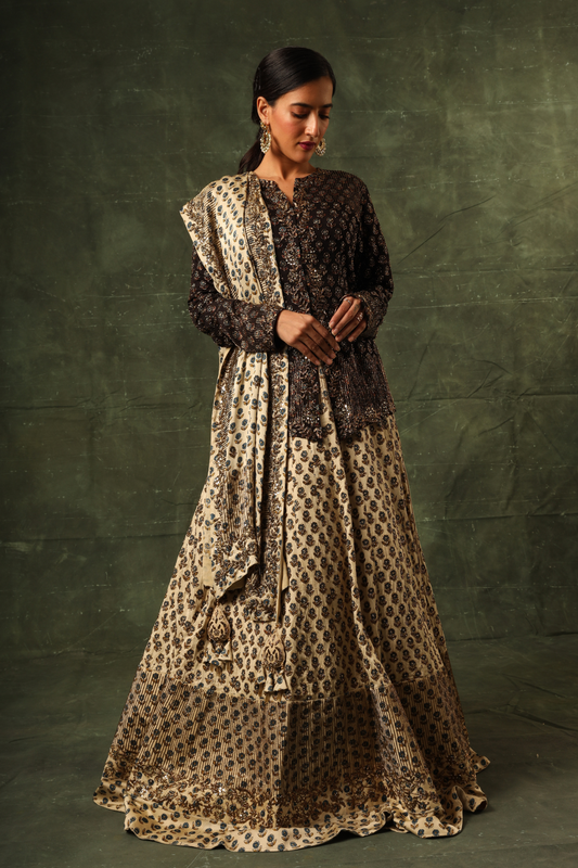 Black ajrakh jacket and Ivory lehenga with ivory ajrakh dupatta