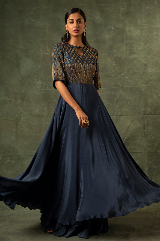 Blue ajrakh A-line Gown