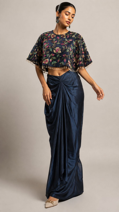 Midnight Bloom Printed Cape Top with Draped Skirt Co-ord Set