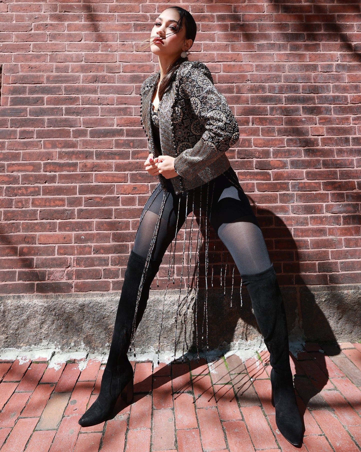 Black ajrakh embroidered blazer with embroidered blouse