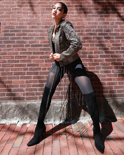 Black ajrakh embroidered blazer with embroidered blouse