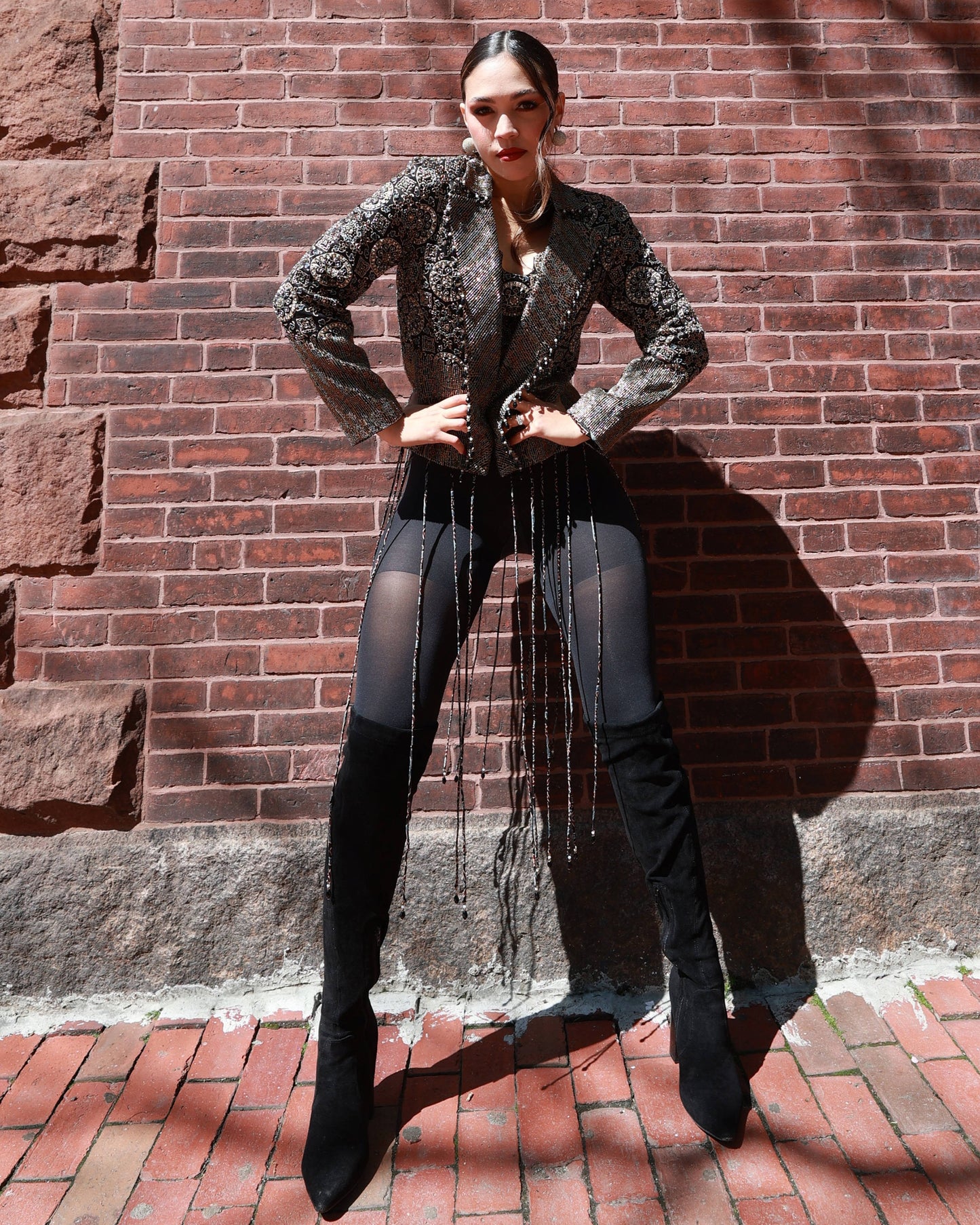 Black ajrakh embroidered blazer with embroidered blouse