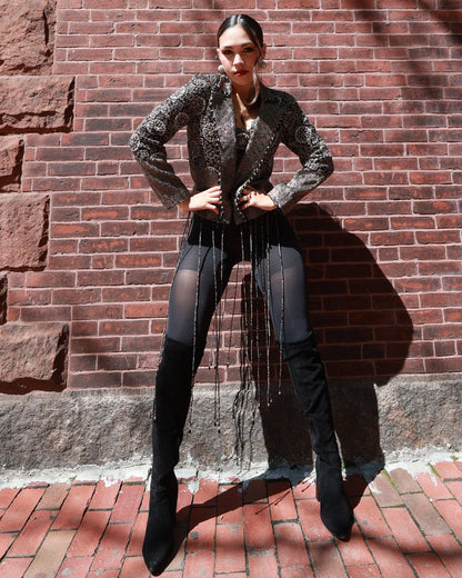 Black ajrakh embroidered blazer with embroidered blouse