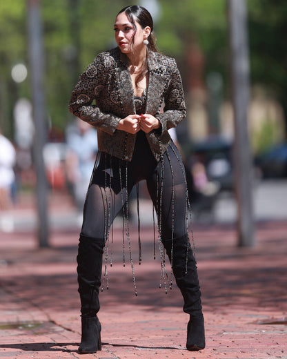 Black ajrakh embroidered blazer with embroidered blouse