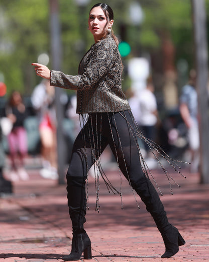 Black ajrakh embroidered blazer with embroidered blouse