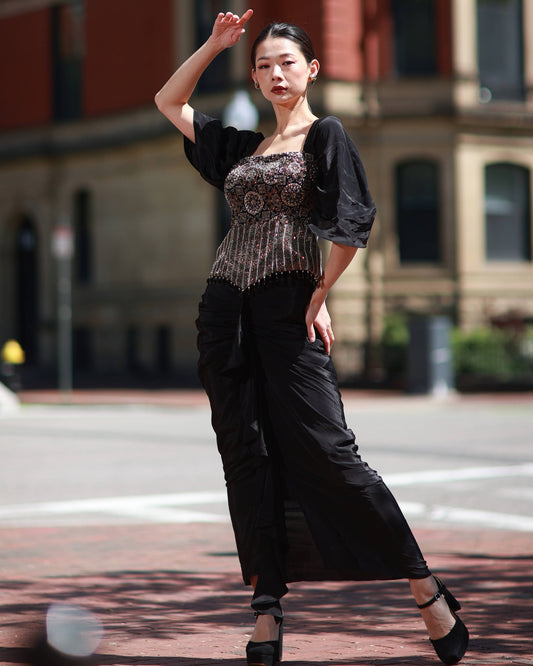 Black ajrakh embroidered top with skirt set