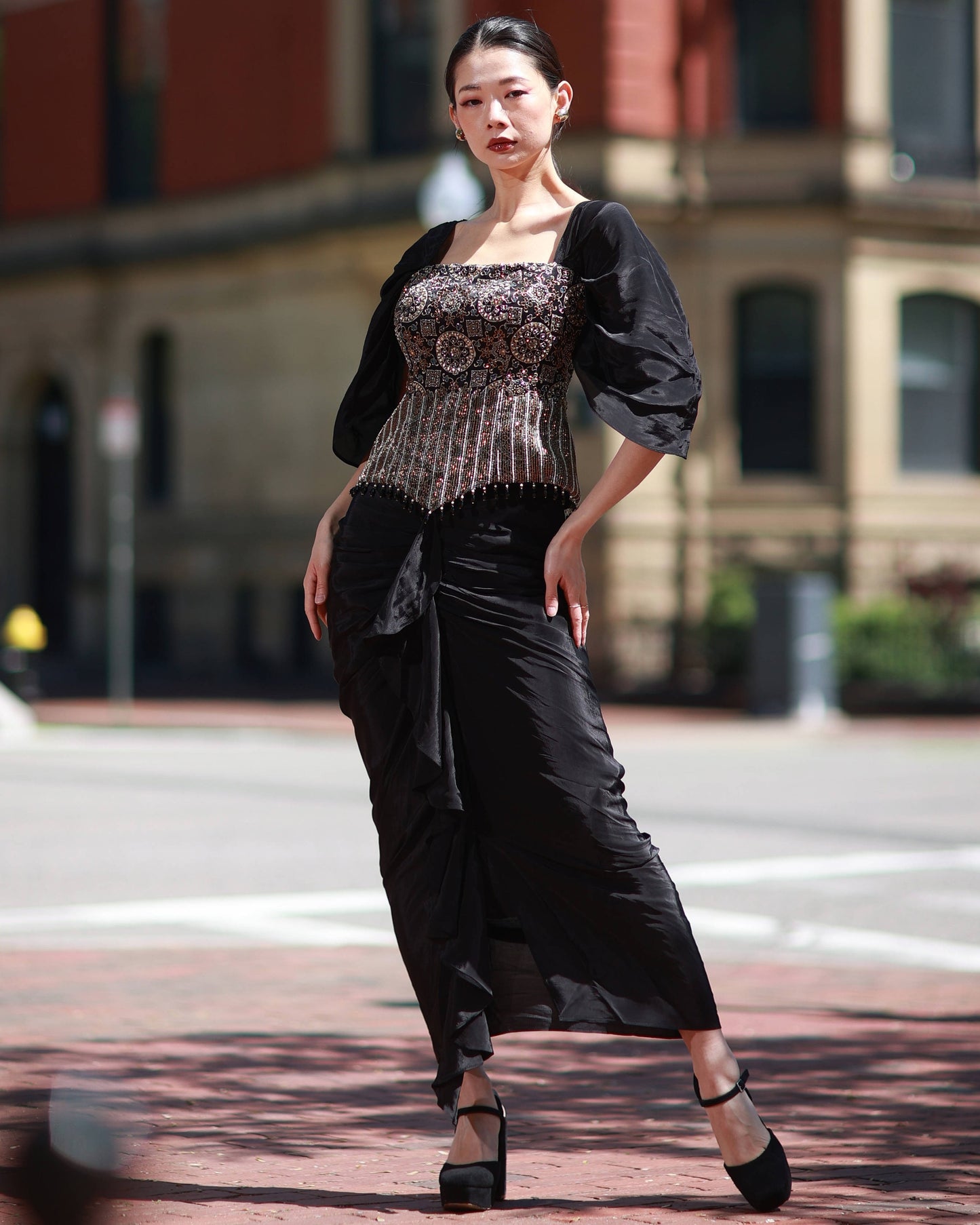 Black ajrakh embroidered top with skirt set