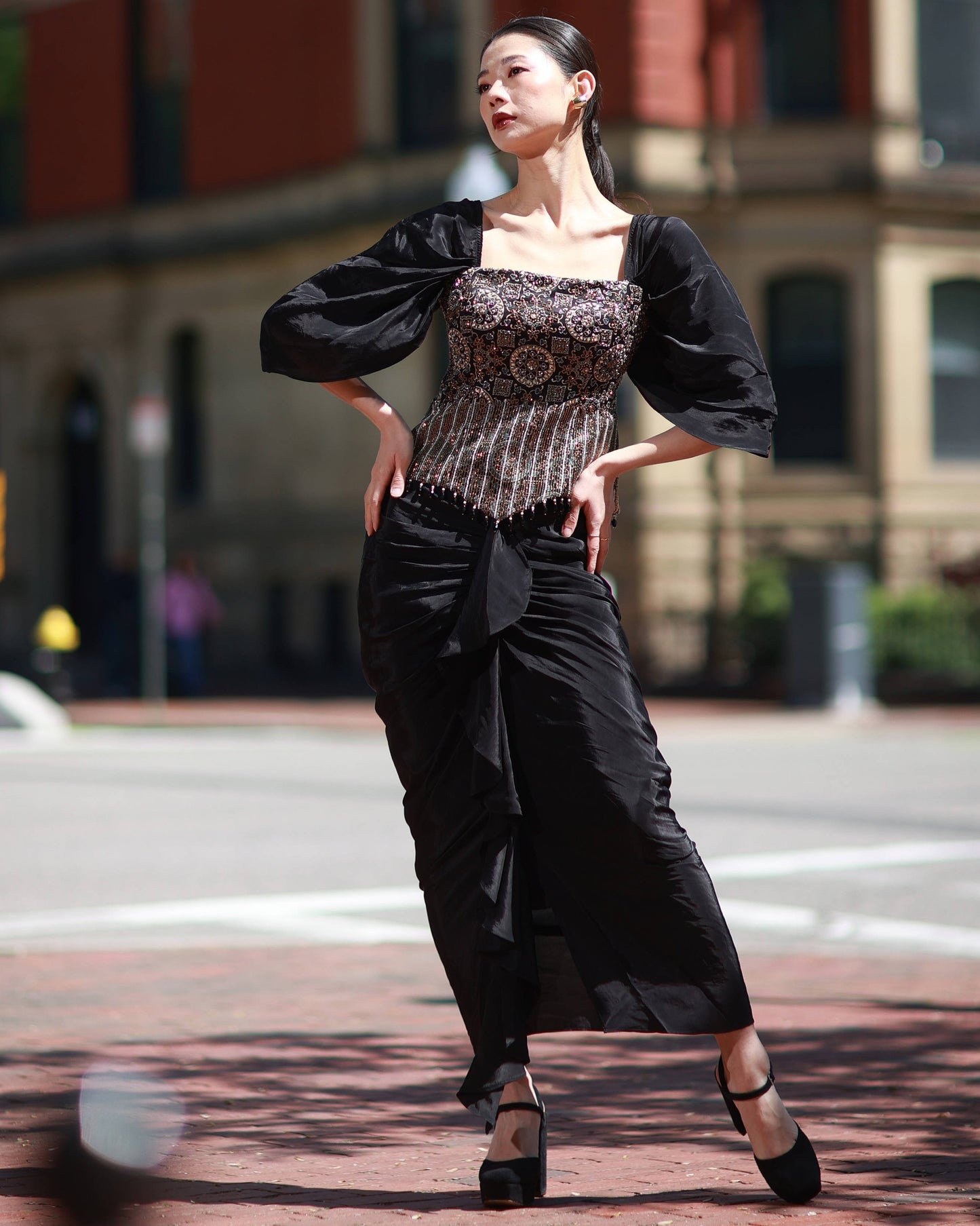 Black ajrakh embroidered top with skirt set