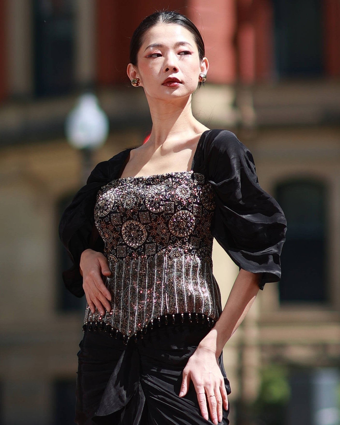 Black ajrakh embroidered top with skirt set