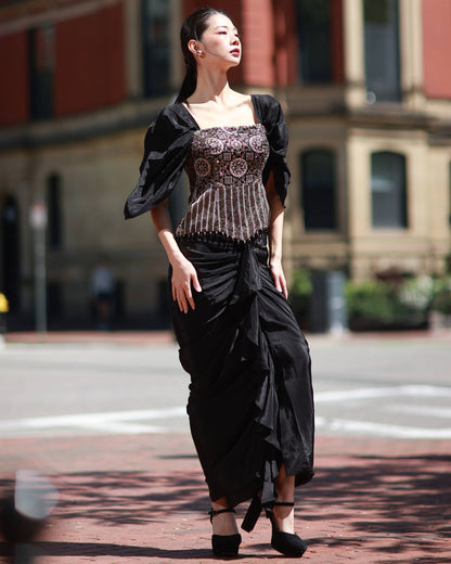 Black ajrakh embroidered top with skirt set