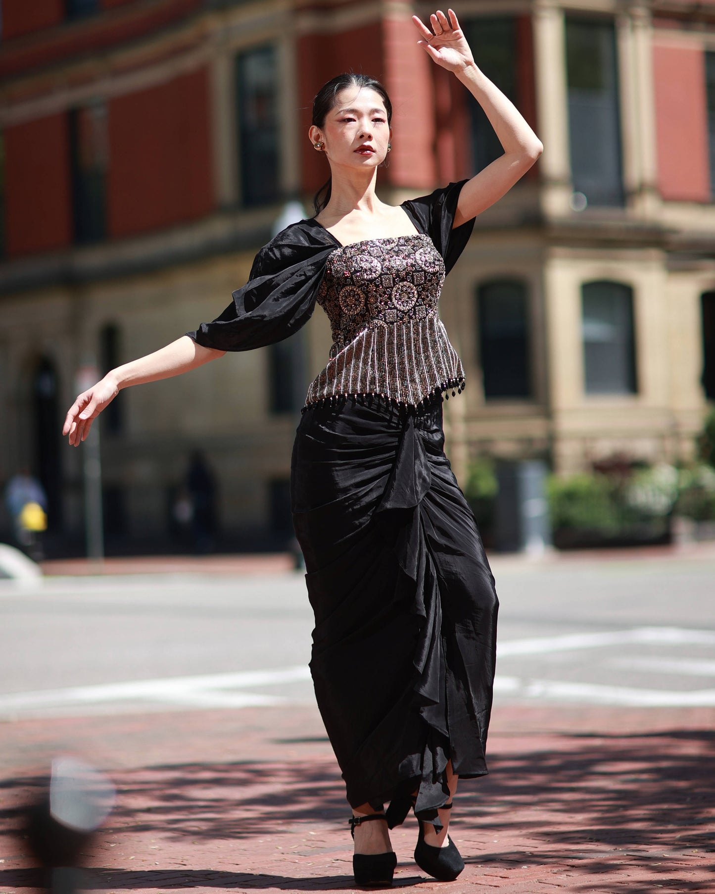 Black ajrakh embroidered top with skirt set
