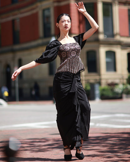 Black ajrakh embroidered top with skirt set