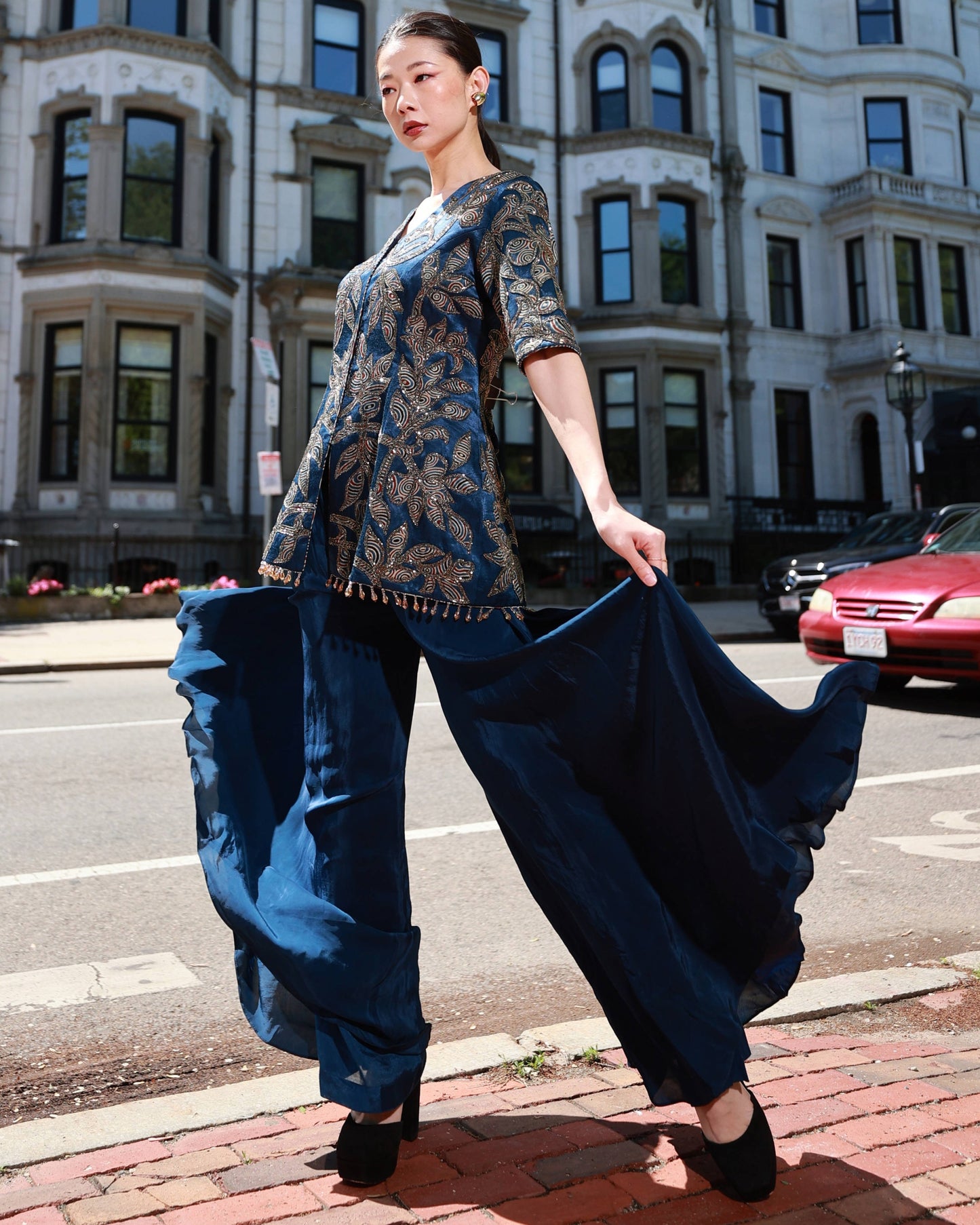 Blue ajrakh embroidered jacket set