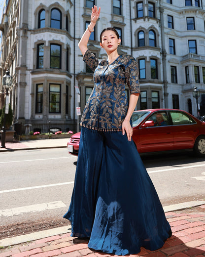 Blue ajrakh embroidered jacket set