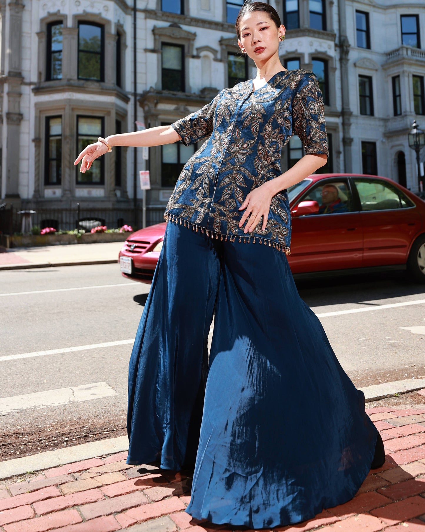 Blue ajrakh embroidered jacket set