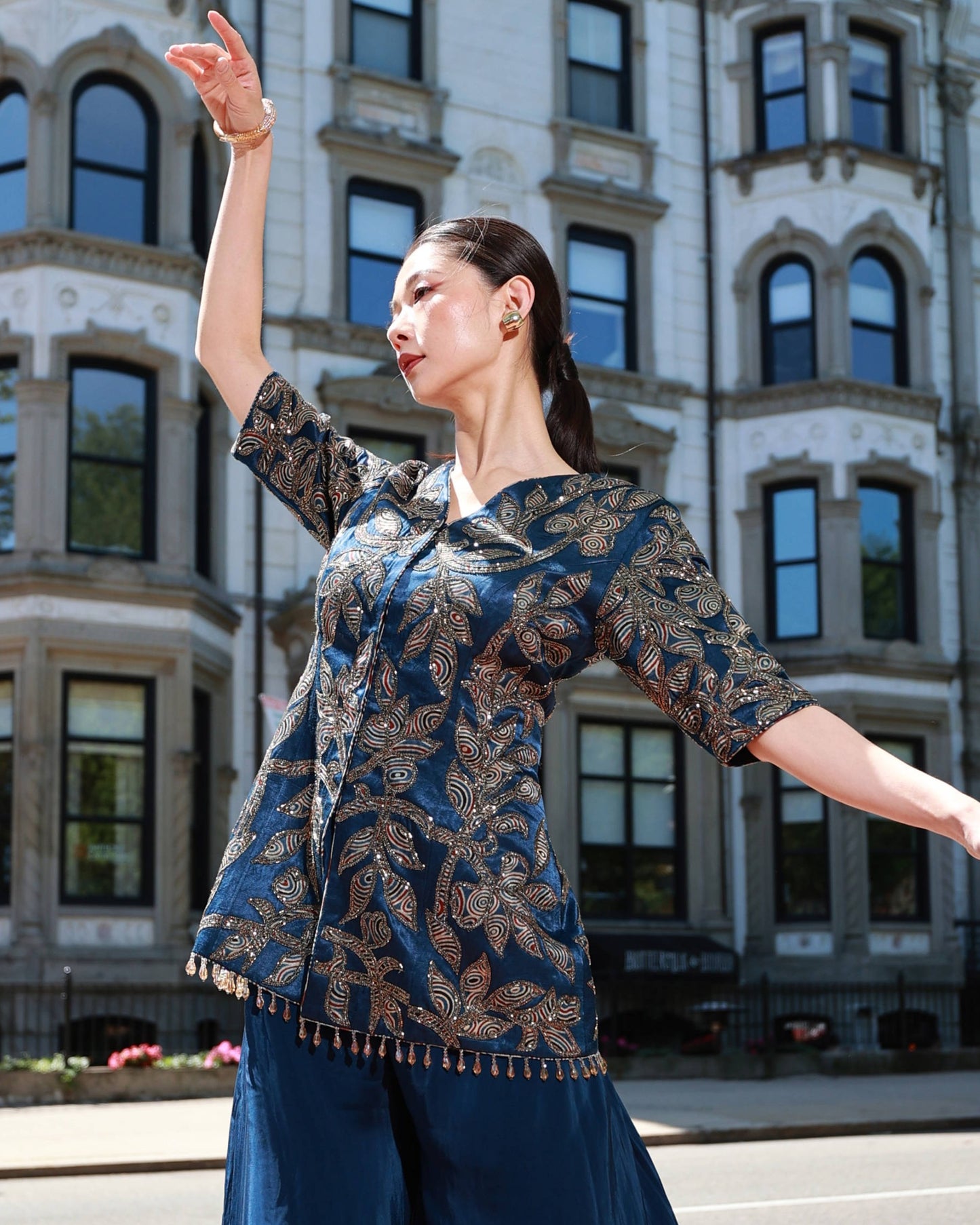 Blue ajrakh embroidered jacket set