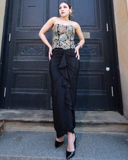 Black ajrakh patchwork corset and dhoti set